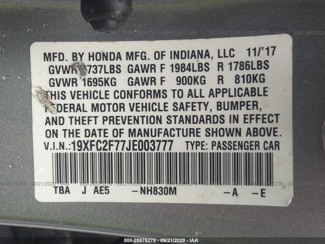 Photo 8 VIN: 19XFC2F77JE003777 - HONDA CIVIC SEDAN 