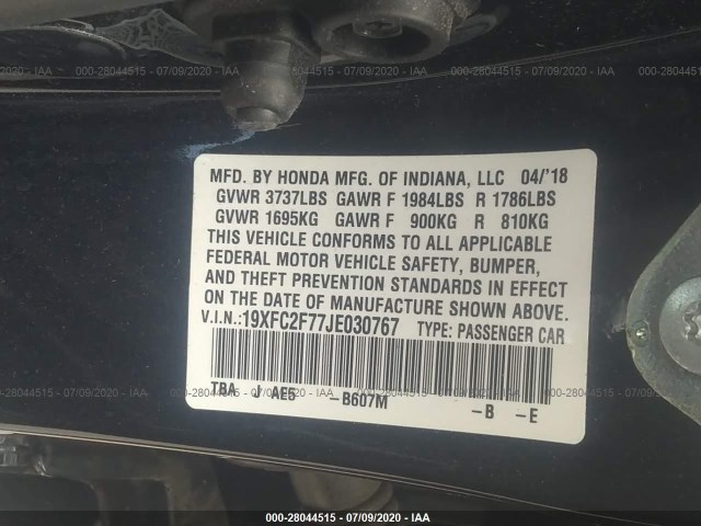 Photo 8 VIN: 19XFC2F77JE030767 - HONDA CIVIC SEDAN 