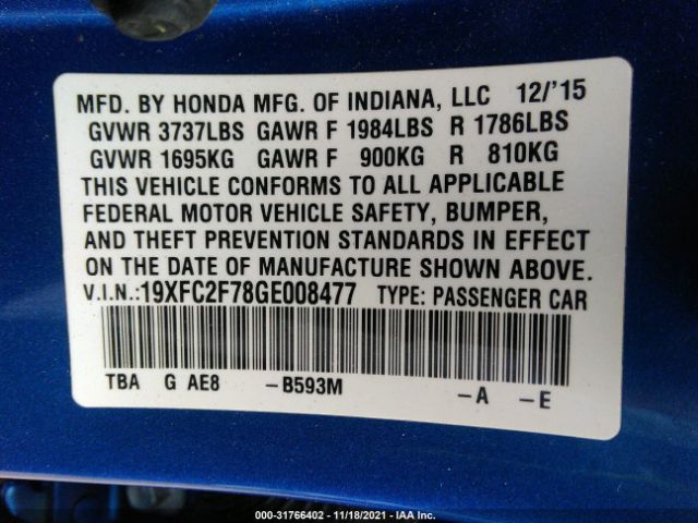 Photo 8 VIN: 19XFC2F78GE008477 - HONDA CIVIC SEDAN 