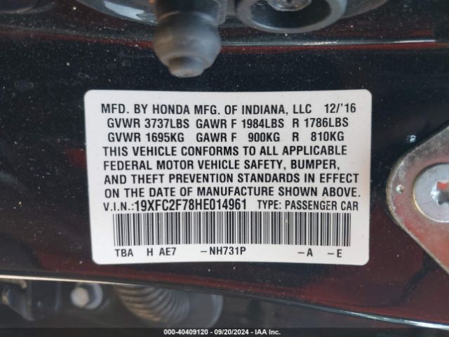 Photo 8 VIN: 19XFC2F78HE014961 - HONDA CIVIC 