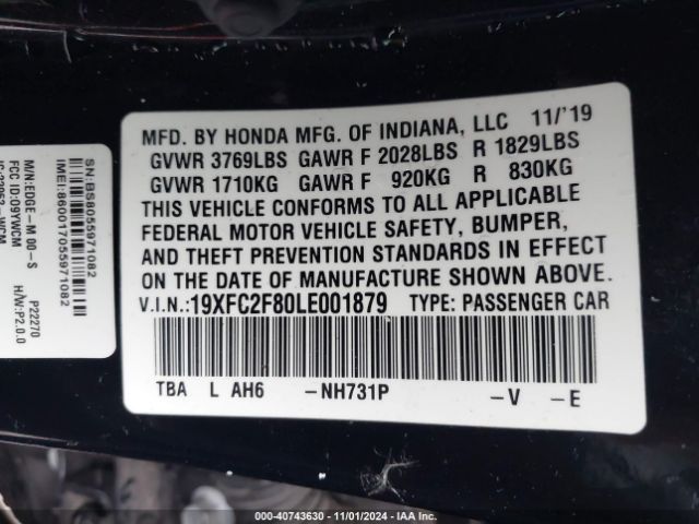 Photo 8 VIN: 19XFC2F80LE001879 - HONDA CIVIC 