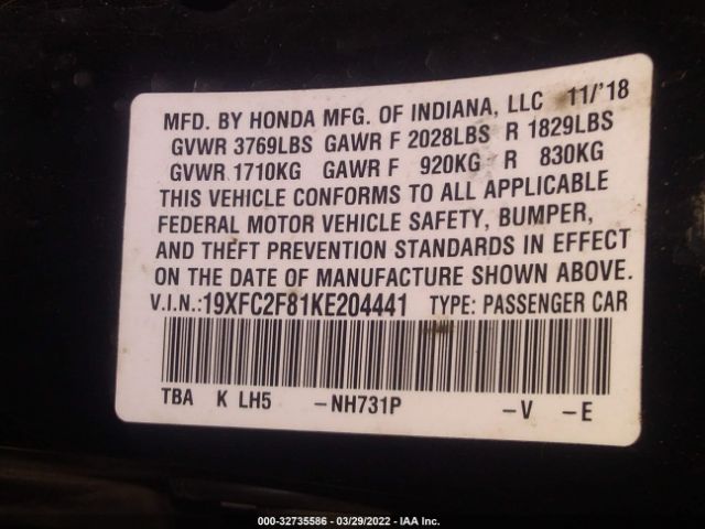 Photo 8 VIN: 19XFC2F81KE204441 - HONDA CIVIC SEDAN 