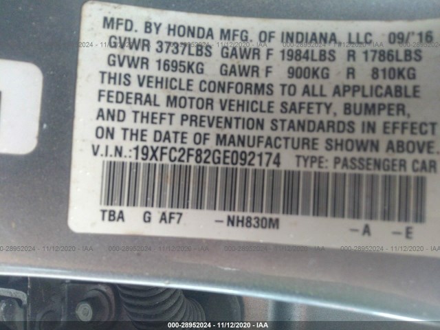 Photo 8 VIN: 19XFC2F82GE092174 - HONDA CIVIC SEDAN 