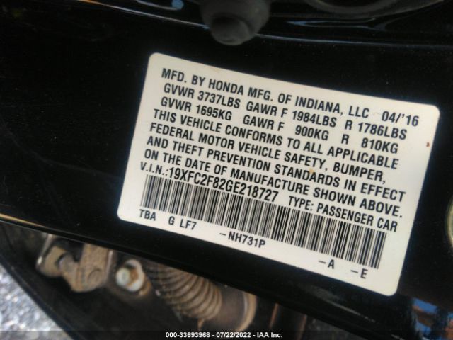 Photo 8 VIN: 19XFC2F82GE218727 - HONDA CIVIC SEDAN 