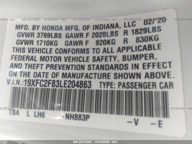 Photo 8 VIN: 19XFC2F83LE204863 - HONDA CIVIC SEDAN 