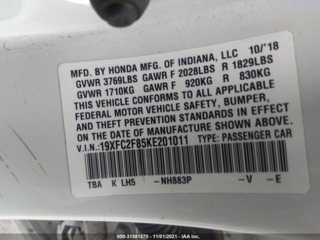 Photo 8 VIN: 19XFC2F85KE201011 - HONDA CIVIC SEDAN 