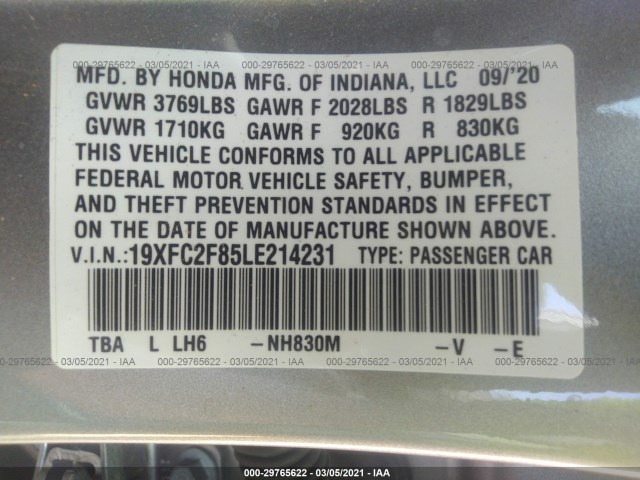 Photo 8 VIN: 19XFC2F85LE214231 - HONDA CIVIC SEDAN 