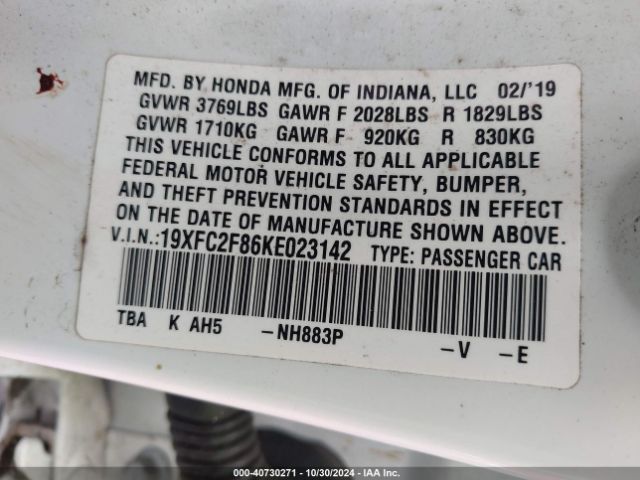 Photo 8 VIN: 19XFC2F86KE023142 - HONDA CIVIC 