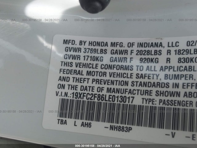 Photo 8 VIN: 19XFC2F86LE013017 - HONDA CIVIC SEDAN 