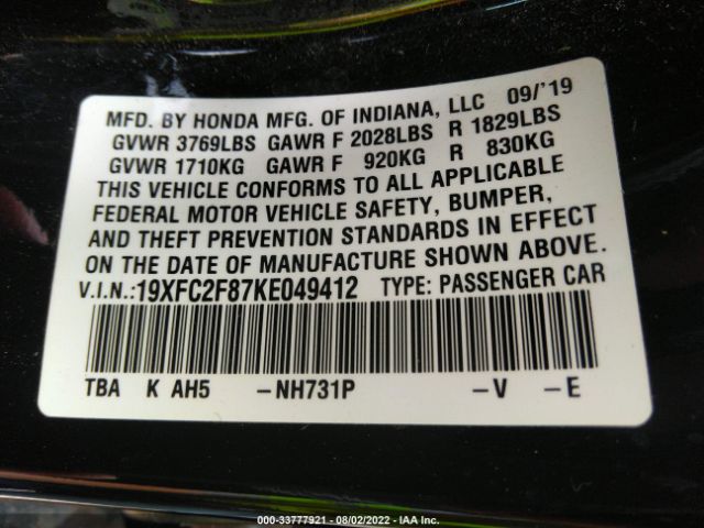 Photo 8 VIN: 19XFC2F87KE049412 - HONDA CIVIC SEDAN 