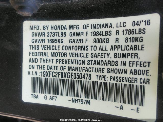 Photo 8 VIN: 19XFC2F8XGE050478 - HONDA CIVIC SEDAN 