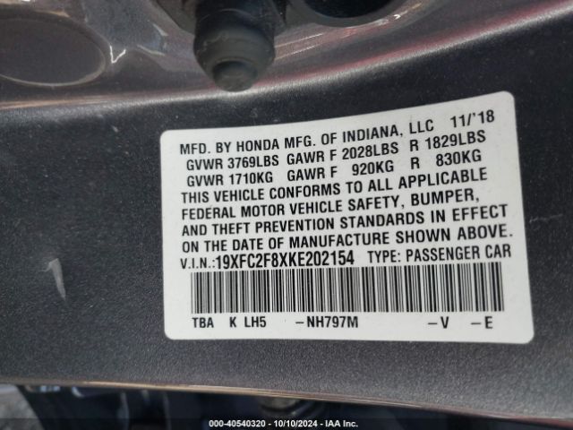 Photo 8 VIN: 19XFC2F8XKE202154 - HONDA CIVIC 