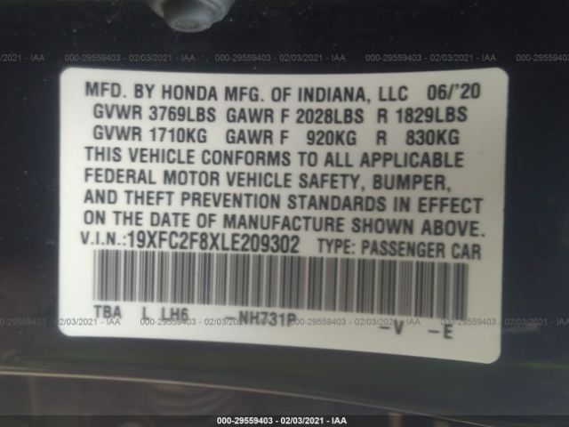 Photo 8 VIN: 19XFC2F8XLE209302 - HONDA CIVIC SEDAN 