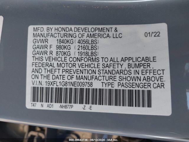 Photo 8 VIN: 19XFL1G81NE009758 - HONDA CIVIC 