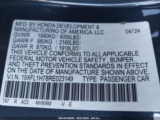 Photo 8 VIN: 19XFL1H78RE023149 - HONDA CIVIC 