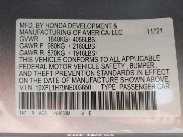 Photo 8 VIN: 19XFL1H79NE003650 - HONDA CIVIC 