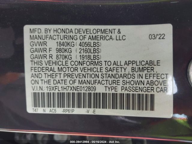 Photo 8 VIN: 19XFL1H7XNE012809 - HONDA CIVIC 