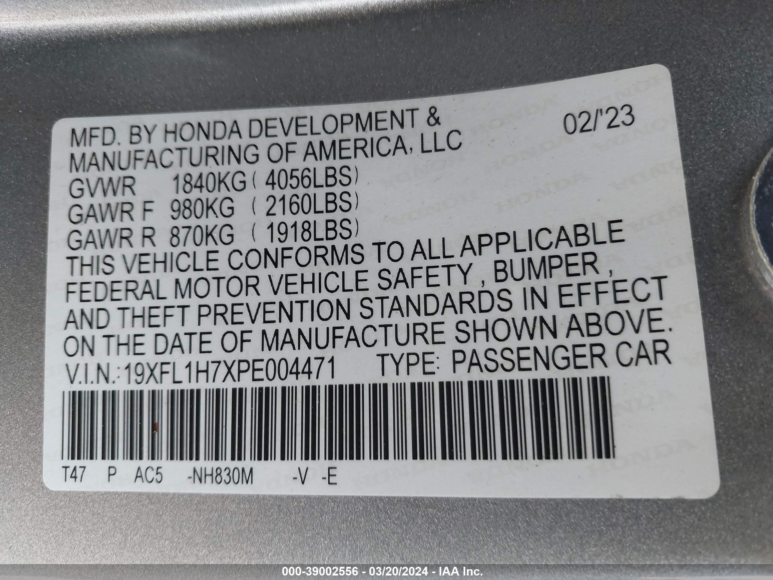 Photo 8 VIN: 19XFL1H7XPE004471 - HONDA CIVIC 