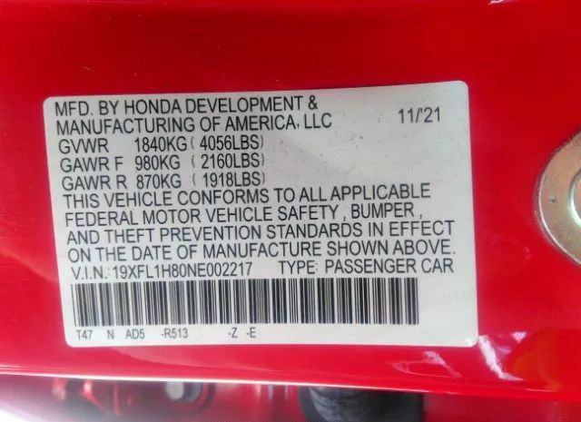 Photo 8 VIN: 19XFL1H80NE002217 - HONDA CIVIC HATCHBACK 