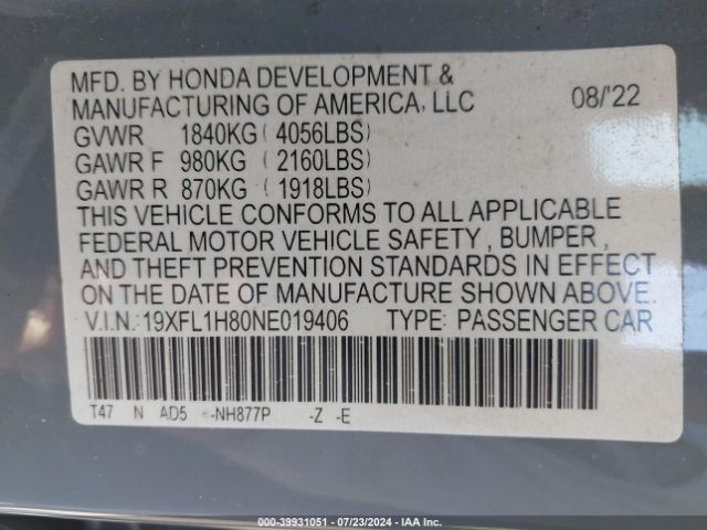 Photo 8 VIN: 19XFL1H80NE019406 - HONDA CIVIC 