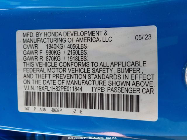 Photo 8 VIN: 19XFL1H82PE011844 - HONDA CIVIC 