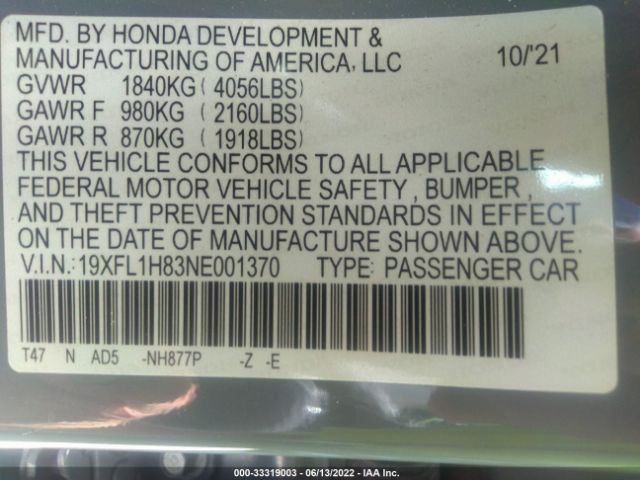 Photo 8 VIN: 19XFL1H83NE001370 - HONDA CIVIC HATCHBACK 