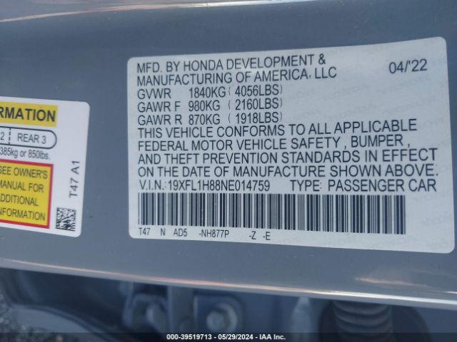 Photo 8 VIN: 19XFL1H88NE014759 - HONDA CIVIC 