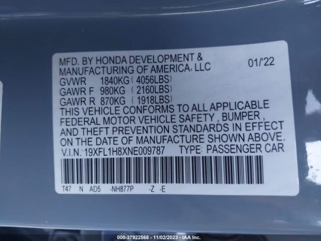 Photo 8 VIN: 19XFL1H8XNE009787 - HONDA CIVIC HATCHBACK 