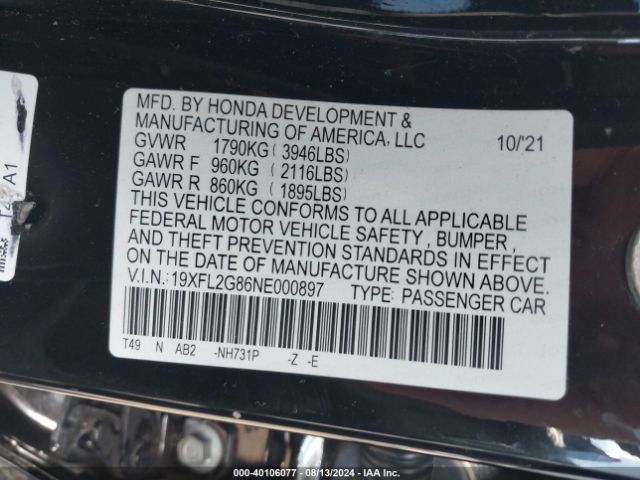 Photo 8 VIN: 19XFL2G86NE000897 - HONDA CIVIC 