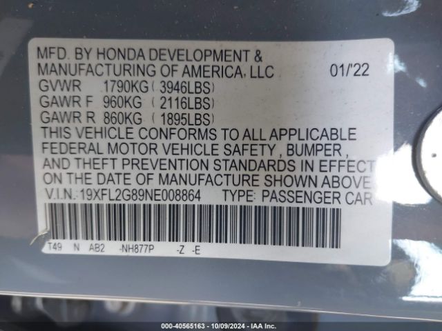 Photo 8 VIN: 19XFL2G89NE008864 - HONDA CIVIC 