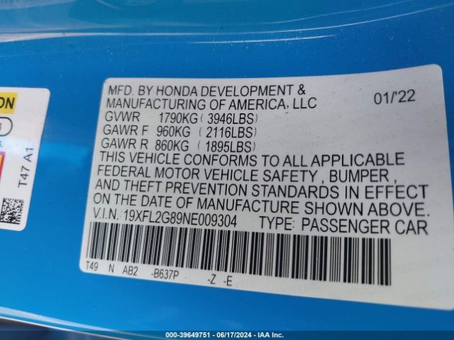 Photo 8 VIN: 19XFL2G89NE009304 - HONDA CIVIC 