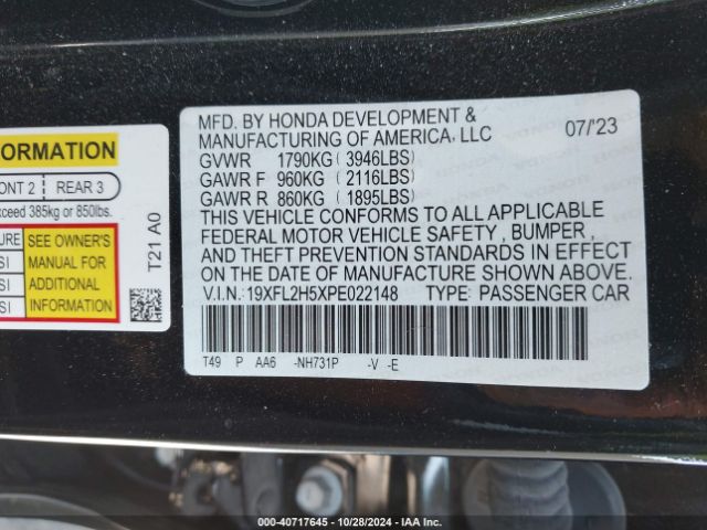 Photo 8 VIN: 19XFL2H5XPE022148 - HONDA CIVIC 