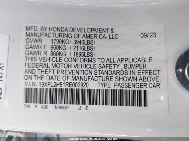 Photo 8 VIN: 19XFL2H81RE002920 - HONDA CIVIC 