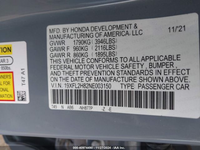 Photo 8 VIN: 19XFL2H82NE003150 - HONDA CIVIC 