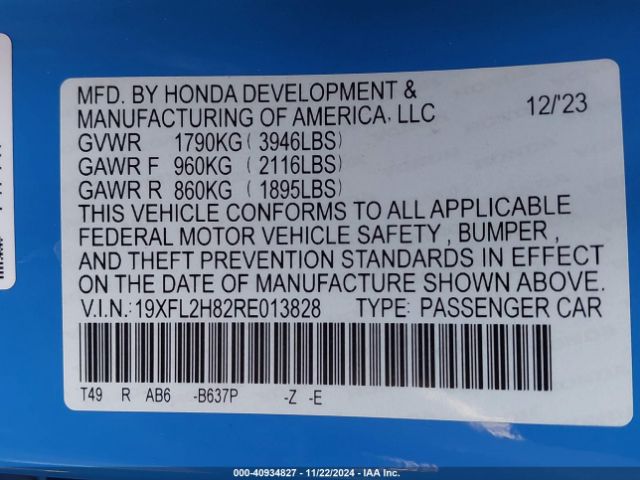 Photo 8 VIN: 19XFL2H82RE013828 - HONDA CIVIC 