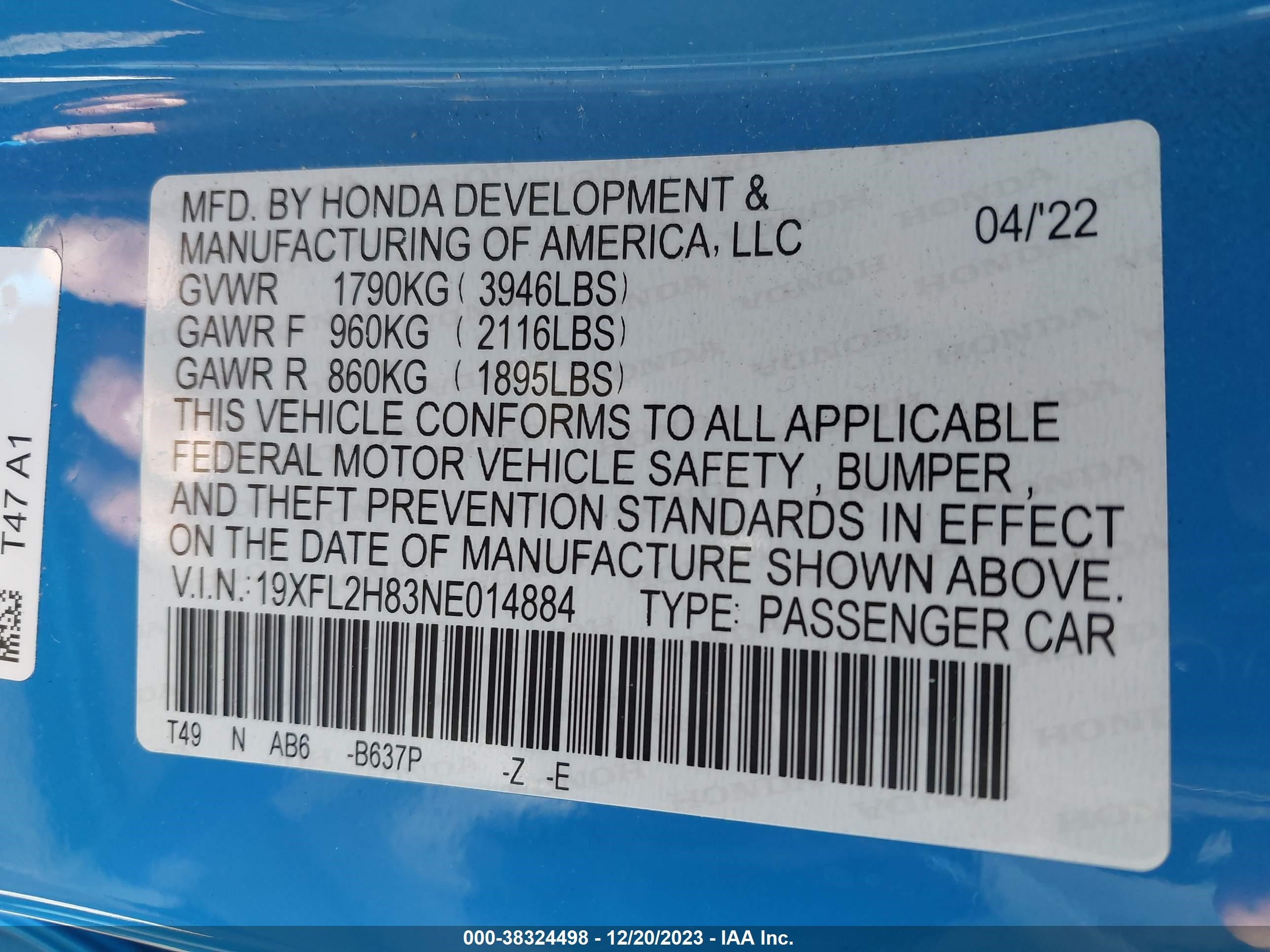 Photo 8 VIN: 19XFL2H83NE014884 - HONDA CIVIC 