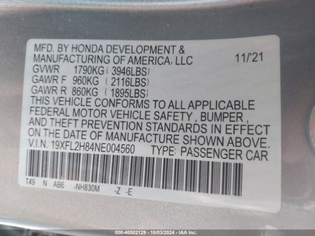 Photo 8 VIN: 19XFL2H84NE004560 - HONDA CIVIC 