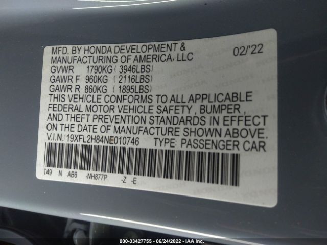 Photo 8 VIN: 19XFL2H84NE010746 - HONDA CIVIC HATCHBACK 