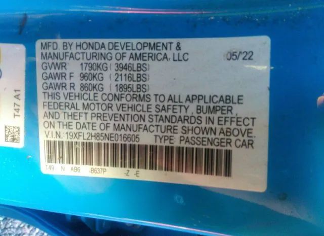 Photo 8 VIN: 19XFL2H85NE016605 - HONDA CIVIC HATCHBACK 