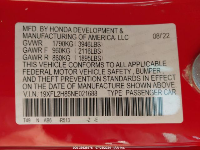 Photo 8 VIN: 19XFL2H85NE021688 - HONDA CIVIC 