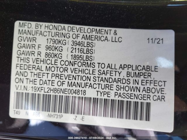 Photo 8 VIN: 19XFL2H86NE004818 - HONDA CIVIC 