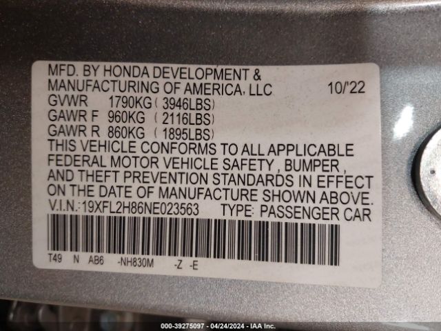 Photo 8 VIN: 19XFL2H86NE023563 - HONDA CIVIC 