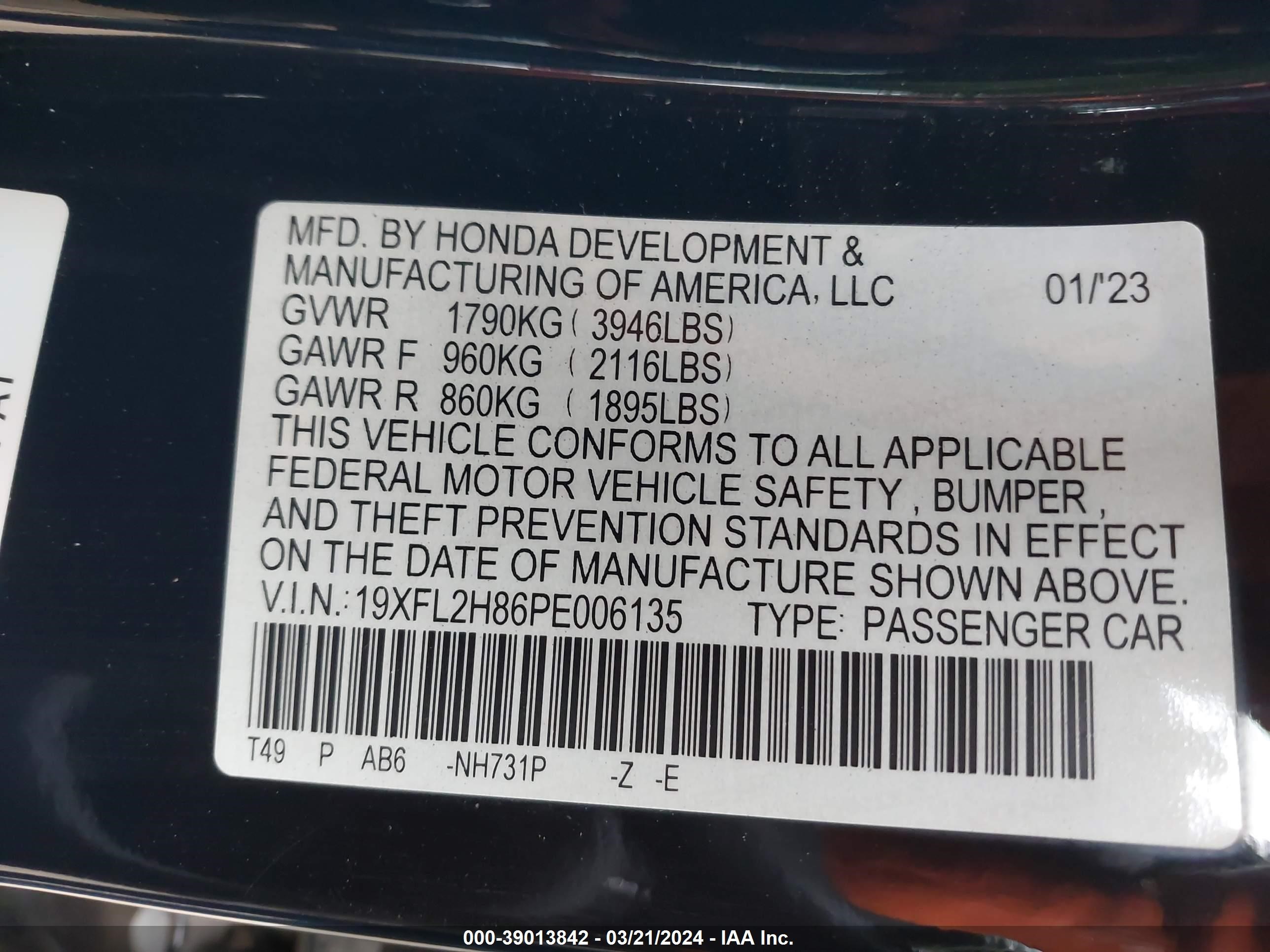 Photo 8 VIN: 19XFL2H86PE006135 - HONDA CIVIC 