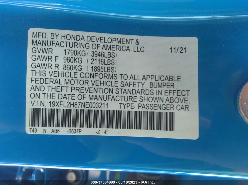 Photo 8 VIN: 19XFL2H87NE003211 - HONDA CIVIC 