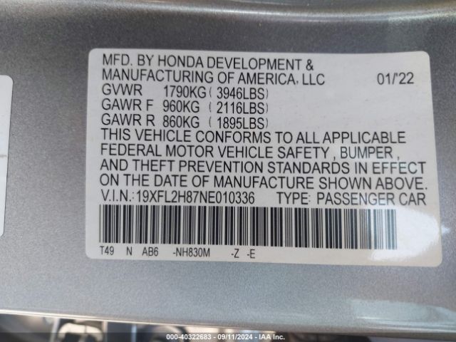 Photo 8 VIN: 19XFL2H87NE010336 - HONDA CIVIC 