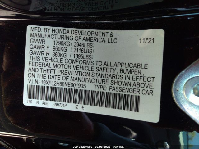 Photo 8 VIN: 19XFL2H88NE001905 - HONDA CIVIC HATCHBACK 