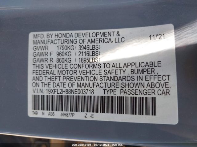 Photo 8 VIN: 19XFL2H88NE003718 - HONDA CIVIC 