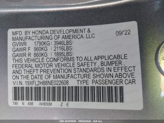 Photo 8 VIN: 19XFL2H88NE022608 - HONDA CIVIC 