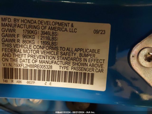 Photo 8 VIN: 19XFL2H88RE005328 - HONDA CIVIC 