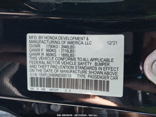 Photo 8 VIN: 19XFL2H89NE005719 - HONDA CIVIC 